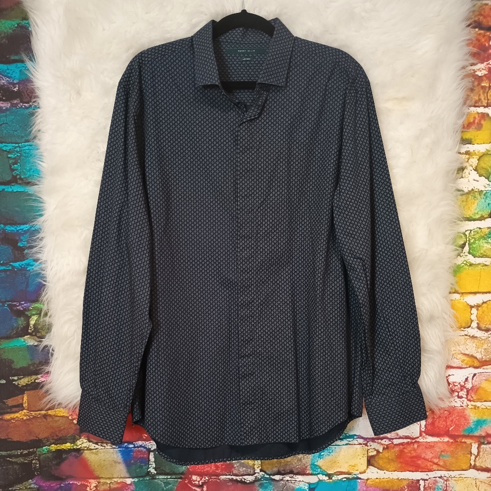 Perry Ellis Navy Blue Long Sleeve Button Down Shirt Size XL
